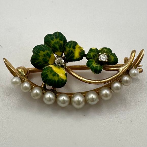 Antique Victorian solid 14kt gold seed pearls precious gems 4 leaf clover brooch - Picture 3 of 10